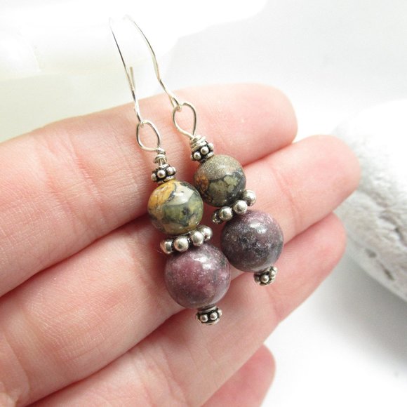 Rhodonite and Leopardskin jasper earrings - Picture 1 of 9